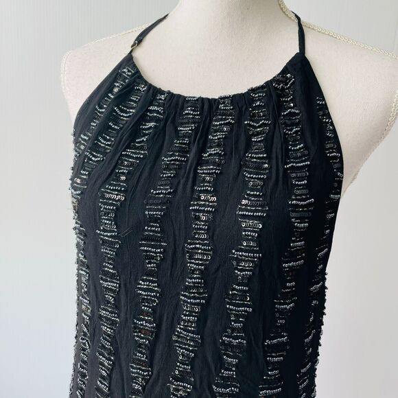 NWT MLV Mayren Lee Viray Beaded Shift Dress Halter Top Open Low Back Black M - Picture 2 of 9